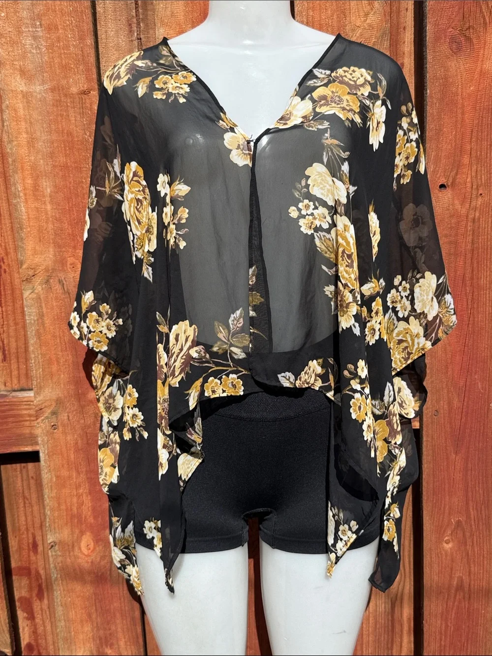 Forever 21 Black Yellow Floral Sheer Chiffon Kimono Cardigan Size S